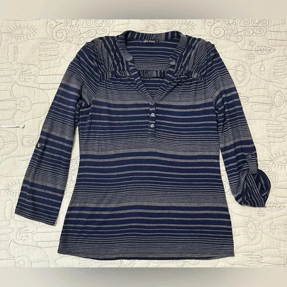Ella Moss Striped Blue Gray Long Tab Sleeve Top Size L - Picture 2 of 9